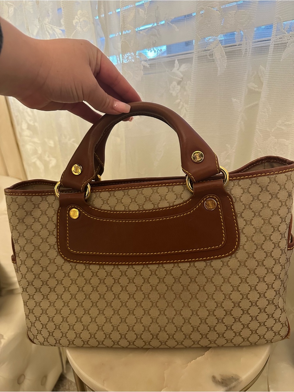 Celine Vintage Macadam Canvas Leather Top Handle Tote Bag Brown
